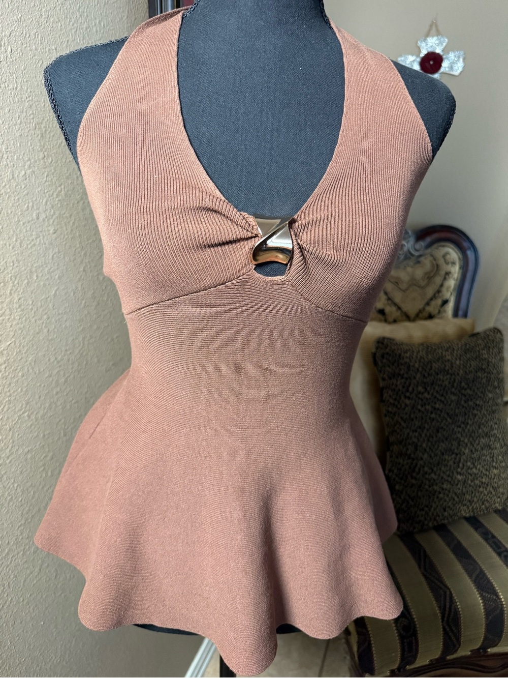 Brown Halter Peplum Tank Top with Front Gold Accent